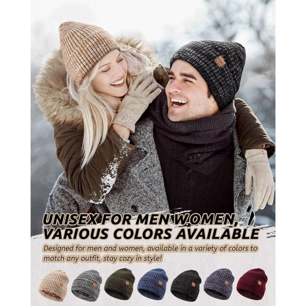 Unisex  Mix Black Beige Warm Fleece-Lined Knit Beanie Skull Cap for Cold Weather - Picture 6 of 7